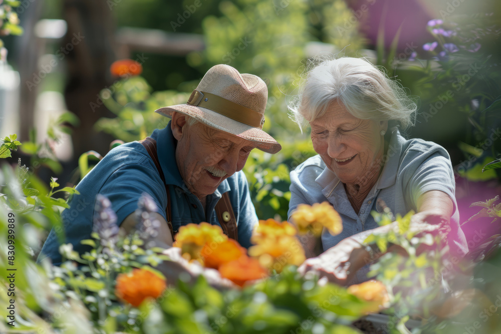 a senior couple tending to their garden, planting flowers, and enjoying the sunshine