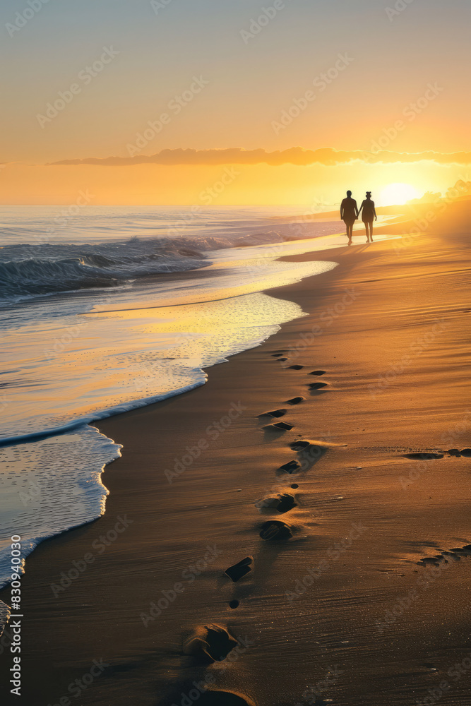 a serene beach at sunset with a couple walking hand-in-hand along the shore a serene beach at sunset with a couple walking hand-in-hand along the shore