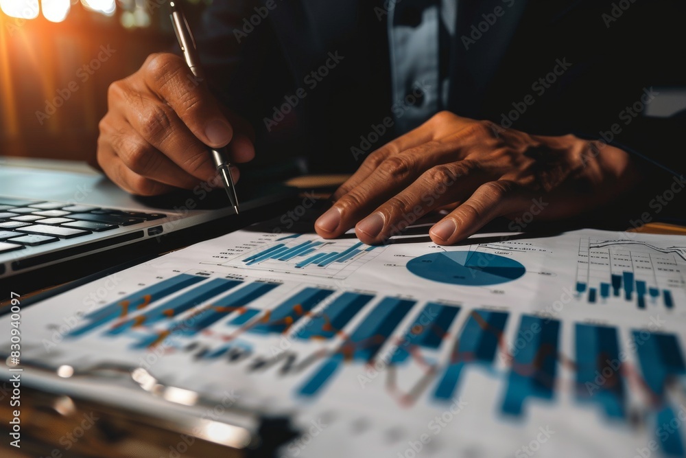A person examines complex financial data on charts and graphs using a pen, next to a laptop A person examines complex financial data on charts and graphs using a pen, next to a laptop
