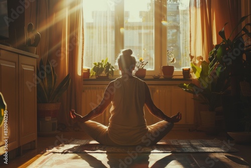 An individual practices morning meditation in a sunlit urban apartment