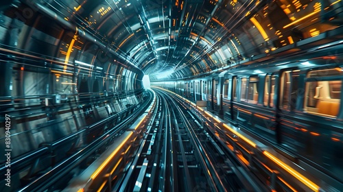 A labyrinthine underground subway system, with trains crisscrossing in a chaotic dance of light and shadow  photo