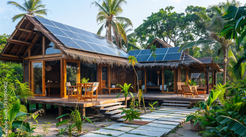a solar-powered eco-resort with guests relaxing in sustainable luxury