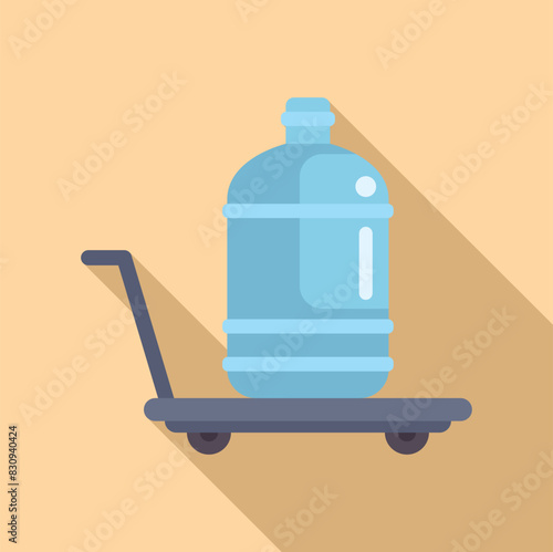 Vector illustration of a large water bottle on a hand truck with a long shadow on a beige background