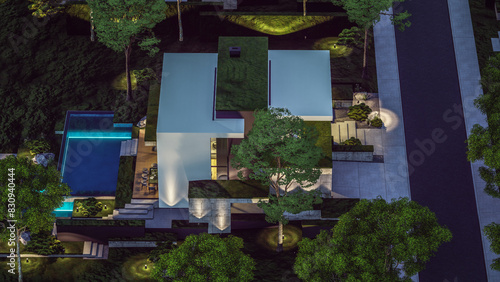 3d rendering of flat roof house with parking and pool for sale or rent with concrete facade and beautiful landscaping. Clear summer night with many stars on the sky