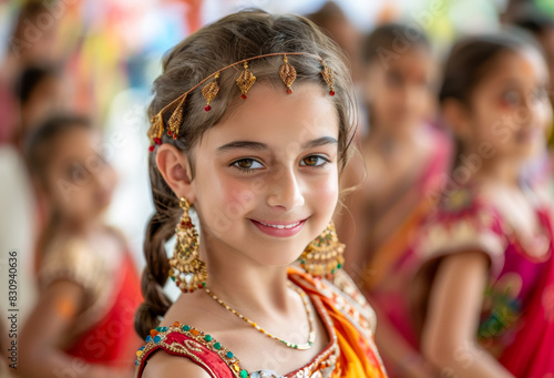 A young girl smiling and wearing a traditional Indian dance costume with intricate jewelry, surrounded by other children in similar attire, blending cultural heritage with contemporary dance.