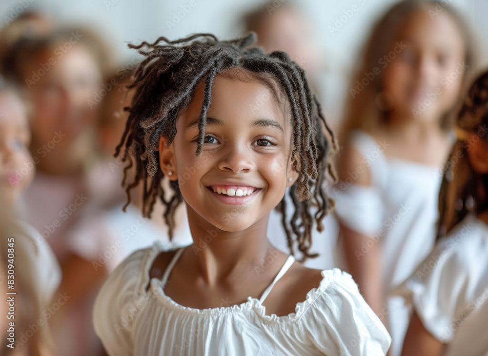 A joyful young girl with dreadlocks smiling brightly in a white dress, surrounded by other children in similar outfits during a dance class celebration A joyful young girl with dreadlocks smiling brightly in a white dress, surrounded by other children in similar outfits during a dance class celebration