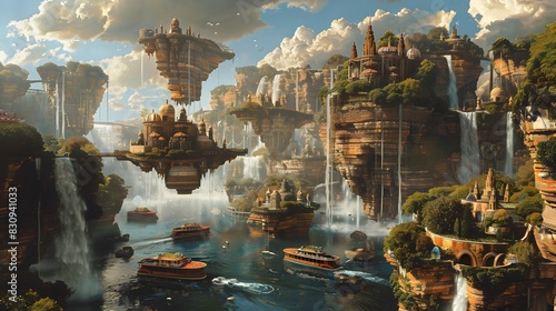 A surreal scene with ferries navigating through a maze of floating islands and waterfalls in a fantastical world