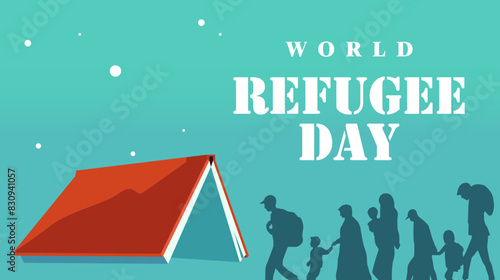 concept design commemorating world refugee day. migrating or fleeing an area due to war, crime, violent behavior. Silhouettes of people migrating
