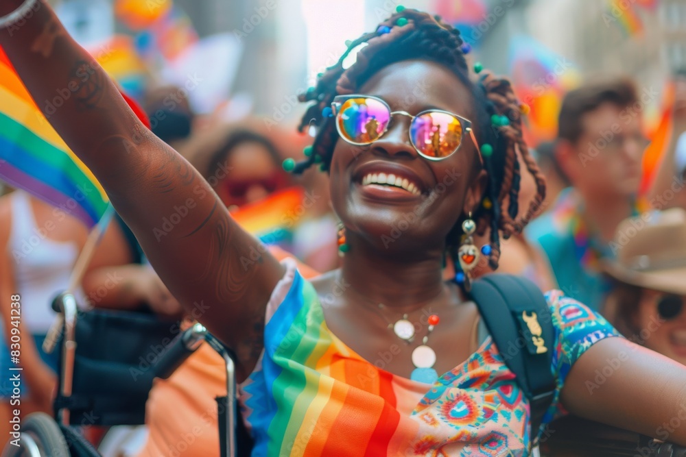 An individual with a raised arm at a pride parade, adorned with a colorful rainbow flag and vibrant attire An individual with a raised arm at a pride parade, adorned with a colorful rainbow flag and vibrant attire