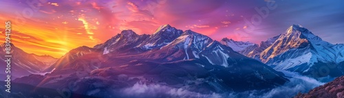 A breathtaking mountain landscape at sunrise with vibrant colors in the sky, mist in the valleys, and snow-capped peaks, with copy space.
