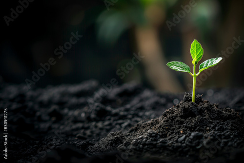New seedling growing in dark soil with space for text earth day or nature background Copy space image Place for adding text or design