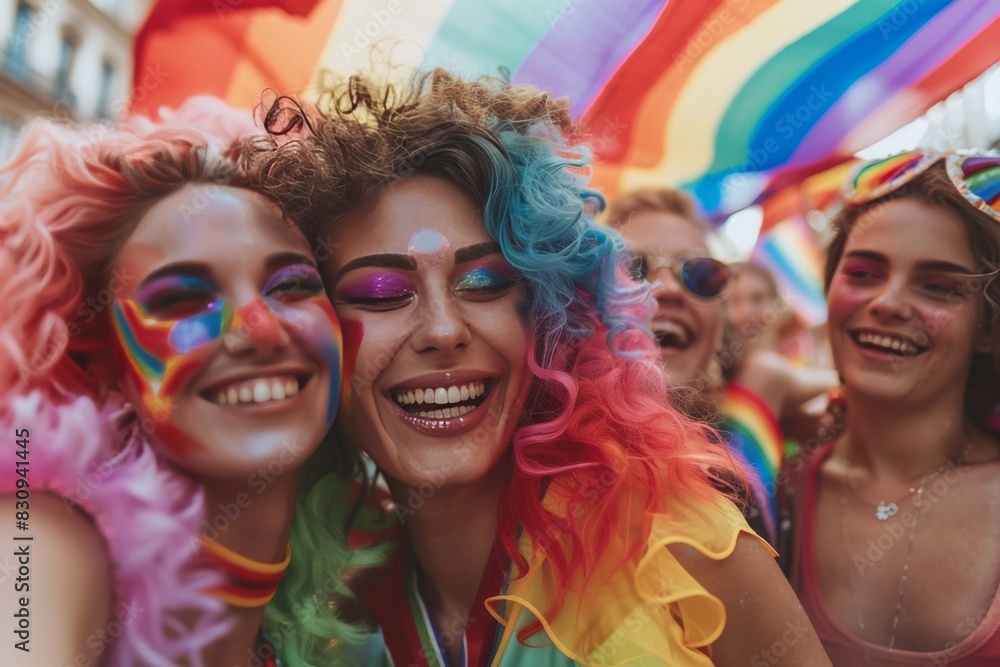 Obraz premium A vibrant group of friends celebrate at a Pride parade, surrounded by rainbow colors and joyous expressions