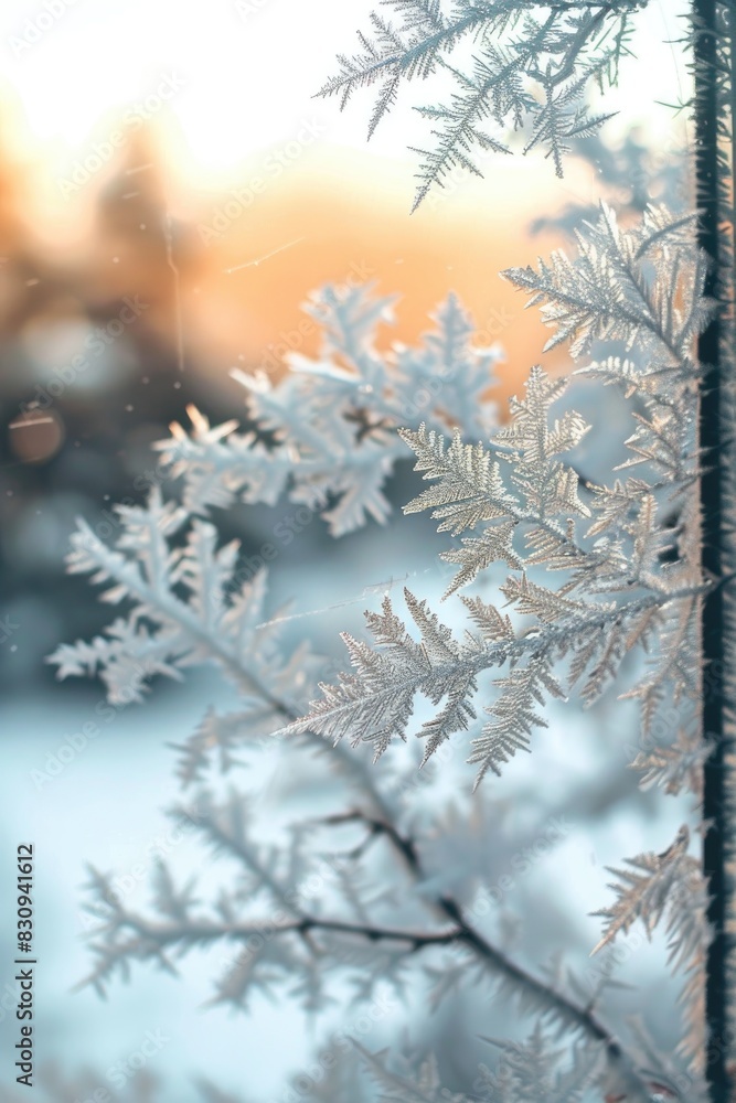 Frosty Winter Sunrise Through Ice Crystal Window Pattern
