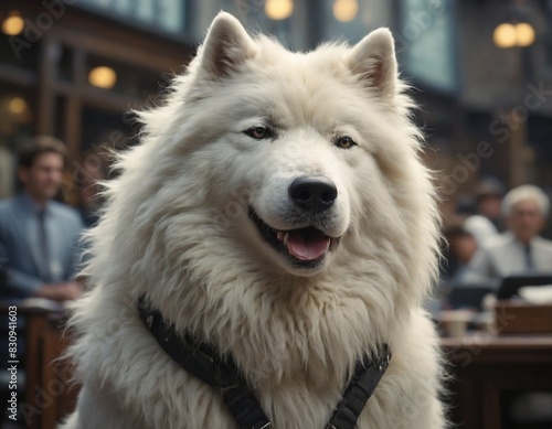 A Samoyed dog in a business analyst outfit is smiling in a bustling office. photo