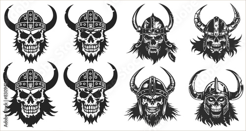 Silhouettes of Viking warrior skull man mascot face in helmet, Monochrome vintage skull with mustache in Viking helmet with horn, Viking helmet warrior bearded skull
