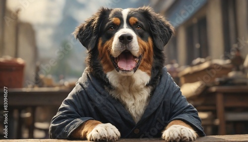 A Bernese Mountain Dog in a blue jacket sits with its paws resting on the armrests of a wooden table, looking directly at the camera with a smile. photo