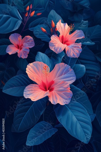 Three Pink Flowers With Blue Leaves on Dark Background
