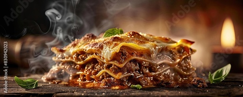 Delicious homemade lasagna with melted cheese, rich meaty layers, and fresh basil, served hot with a rustic wooden background and candlelight. photo