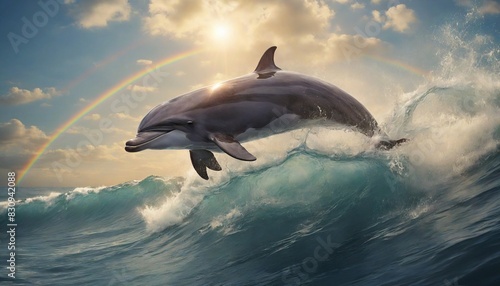 A dolphin leaps into the air, its tail flicking, as it swims through the ocean waves, with a vibrant rainbow arching in the background. © Sopita