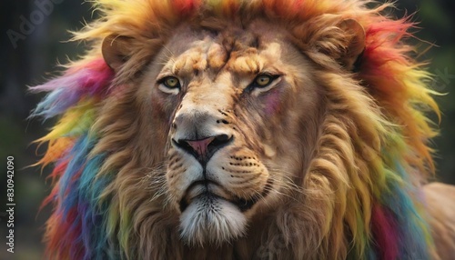A majestic lion with a rainbow mane stands in the wild, its eyes gazing intently into the distance. © Sopita