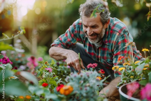 Wallpaper Mural An older person is engrossed in gardening, surrounded by lush colorful flowers and green foliage Torontodigital.ca