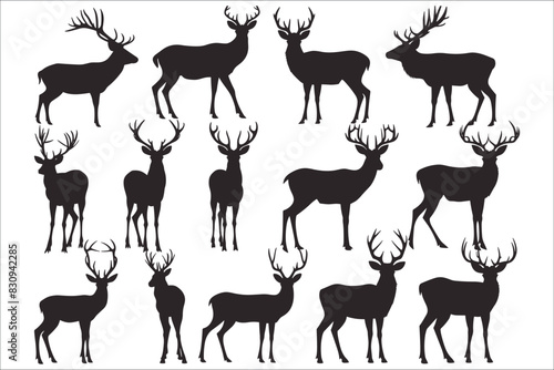 Black silhouettes of deer, Silhouettes of Dear, Dear silhouettes set, Animal silhouettes, Set of deer silhouettes in various poses, Deer silhouette vector