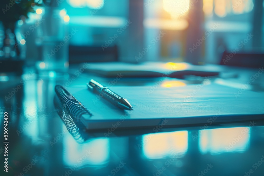 A serene setting with a pen resting on a spiral notebook, placed on a glass table, hinting at creativity or planning A serene setting with a pen resting on a spiral notebook, placed on a glass table, hinting at creativity or planning