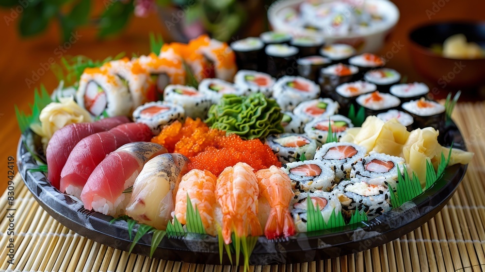 A delicious sushi platter with an assortment of fresh sushi rolls, sashimi, and garnishes, presented on a bamboo mat, with copy space.