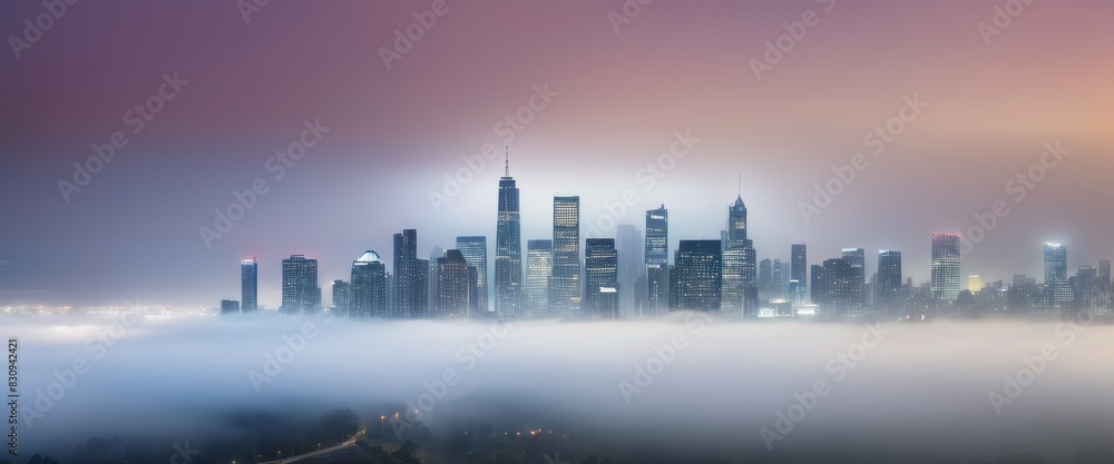 Dramatic panorama of a city skyline enveloped in morning fog, with skyscrapers piercing through and vibrant dawn colors.