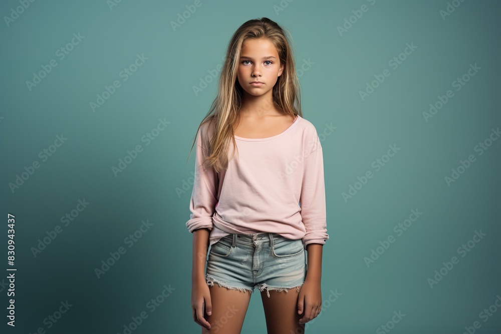 A girl in a pink shirt and blue shorts is standing in front of a blue wall