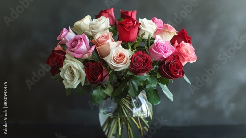 A stunning bouquet of roses in various shades of red  pink  and white  arranged in a clear glass vase  with copy space.