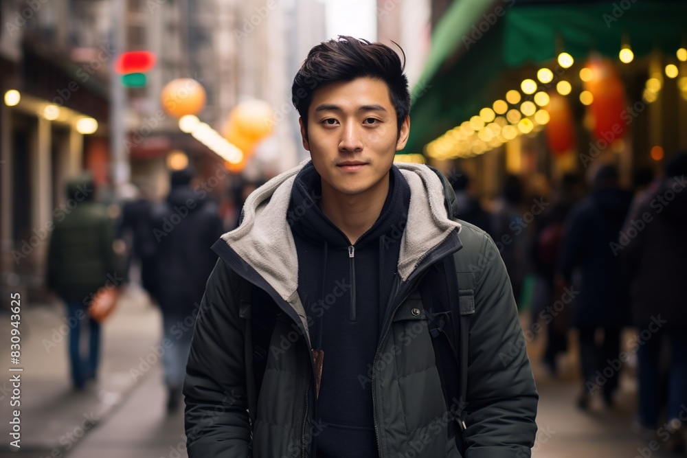 A man wearing a black jacket and a backpack stands in the street A man wearing a black jacket and a backpack stands in the street