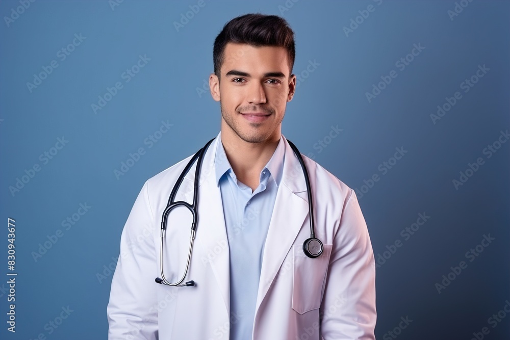 A young man in a white lab coat is smiling and holding a stethoscope A young man in a white lab coat is smiling and holding a stethoscope