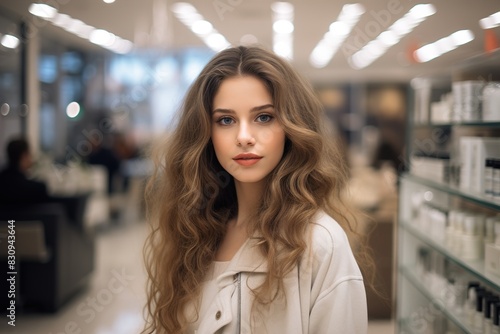 A woman with long brown hair stands in a store with shelves of products
