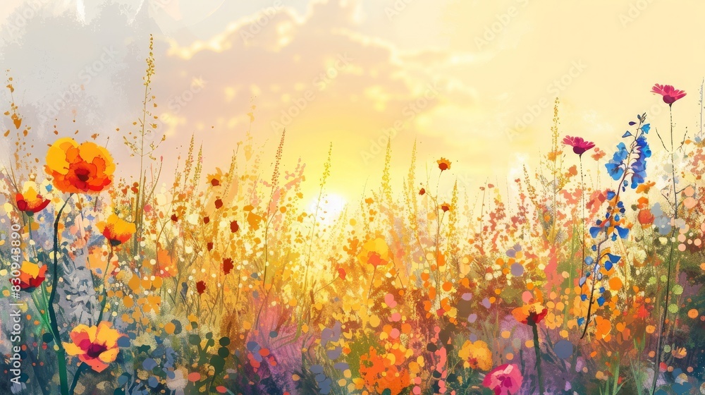 Obraz premium Beautiful sunset over a wildflower meadow with vibrant colors, creating a serene and peaceful natural landscape scene.