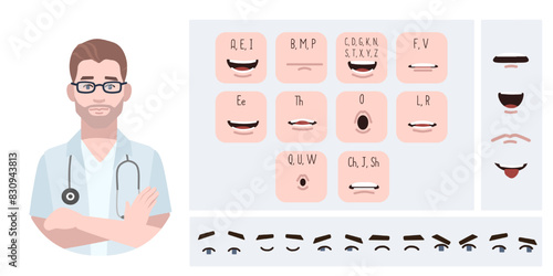 Medical worker doctor avatar creation suitable for animation. Generator, constructor of diverse eyes, lips, emotion expressions mouth animation and lip sync. Male character face construction.