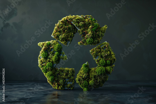 Recycling logo illustration covered with moss and grass, Generative AI