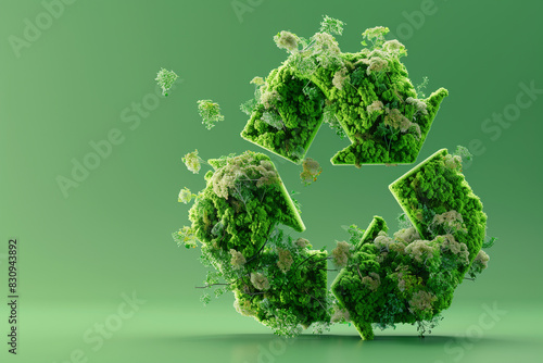Recycling logo illustration covered with moss and grass, Generative AI
