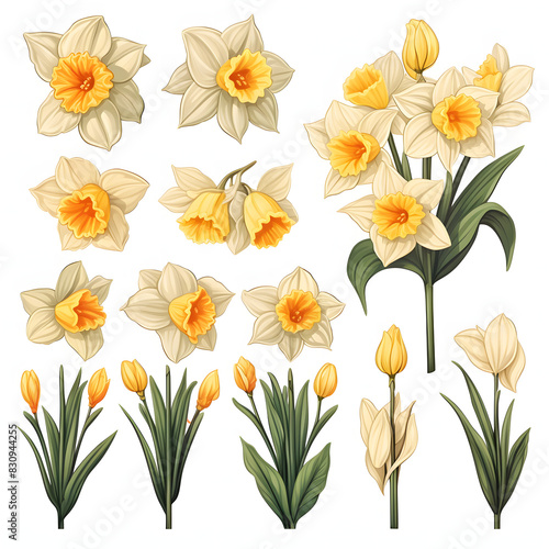 set of Daffodil  plants  leaves and flowers. illustrations of beautiful realistic flowers for background  pattern or wedding invitations