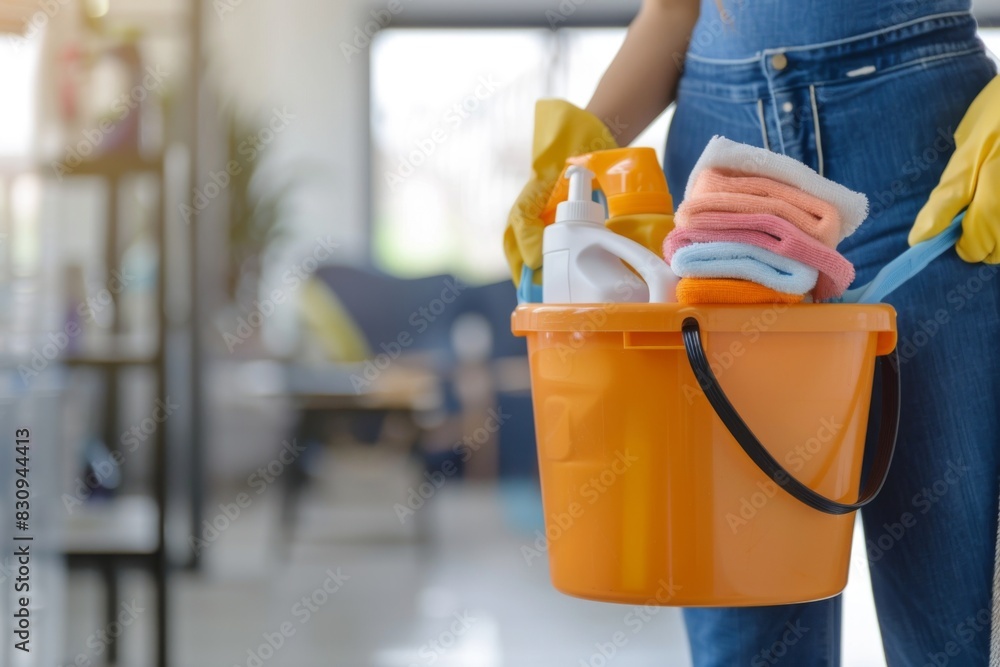 Female janitor cleaning an office, wearing protective gloves and holding a bucket full of cleaning supplies Female janitor cleaning an office, wearing protective gloves and holding a bucket full of cleaning supplies