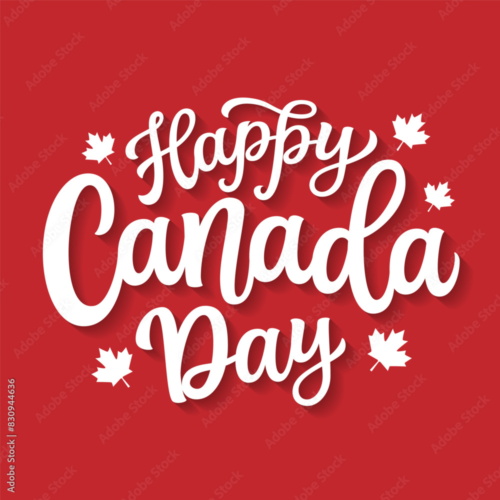 Happy Canada day. Hand lettering text with maple leaves on red background. Vector typography for independence day decorapions, posters, banners, cards