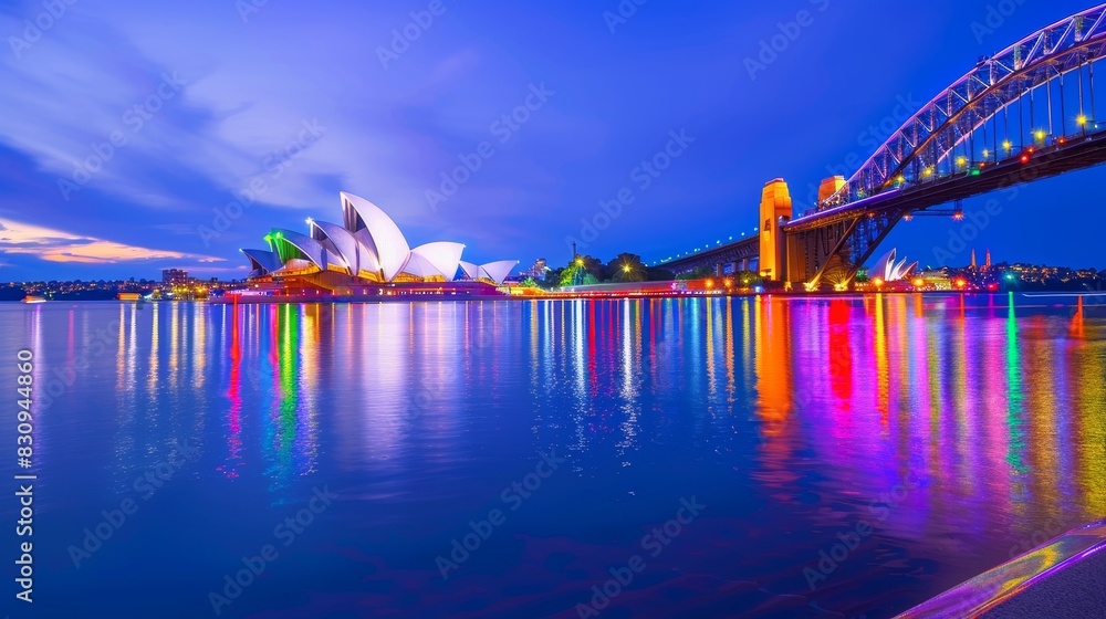 Fototapeta premium A scenic view of the Sydney Opera House and Harbour Bridge at dusk, with vibrant lights reflecting on the water, with copy space.