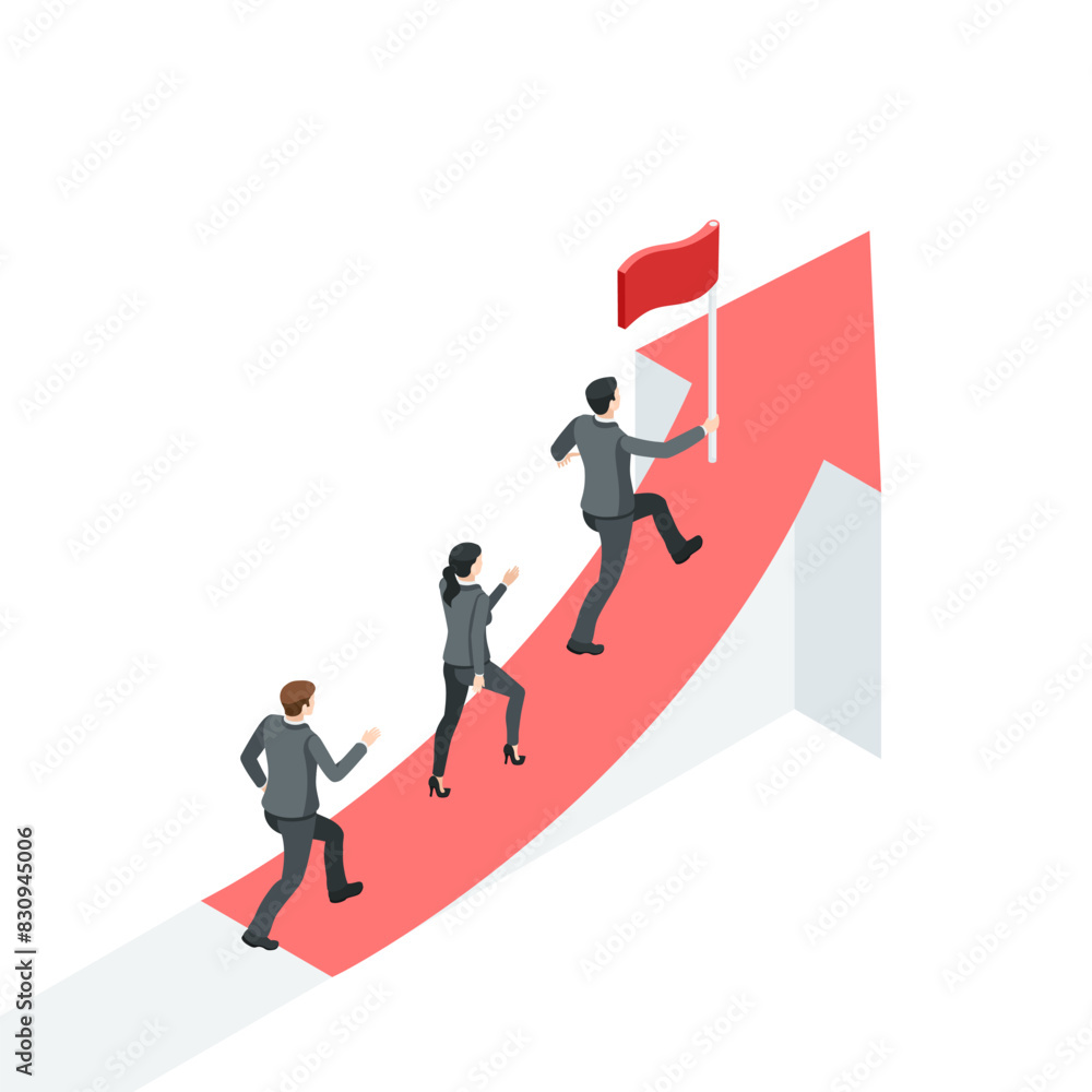 isometric vector business people running behind the leader with an up arrow, in color on a white background, the path to success or professional growth isometric vector business people running behind the leader with an up arrow, in color on a white background, the path to success or professional growth
