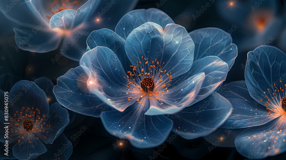 Obraz premium Digital technology blue and white transparent flowers abstract graphic poster web page PPT background