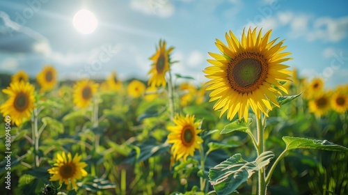 A tranquil scene of a sunflower field in full bloom, with bright yellow flowers facing the sun and a blue sky backdrop, with copy space.