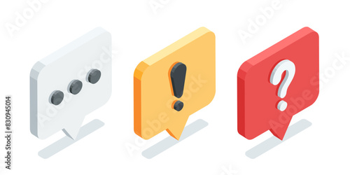 isometric text bubble icons, in color on white background, with exclamation icon and question, important message or alert info