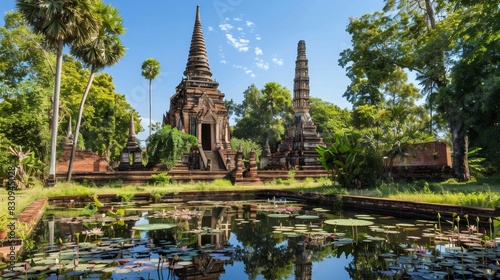 A tranquil image of an ancient Buddhist temple in Thailand  surrounded by lush tropical greenery and lotus-filled ponds  with copy space.