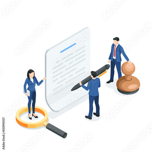 isometric vector business people with pen and signet stand near a paper document, in color on a white background, sign a document or contract