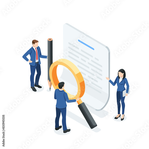 isometric vector business people with a pencil and a magnifying glass stand near a paper document, in color on a white background, study a document or contract