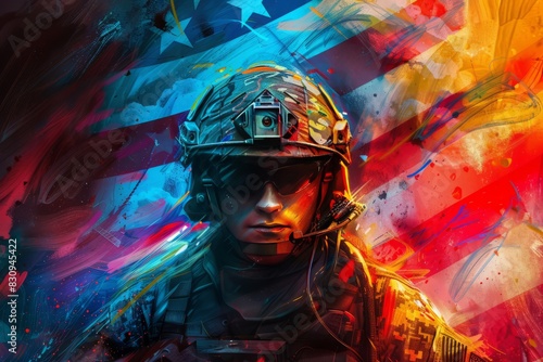 Digital portrait of a US soldier in front of an American flag
